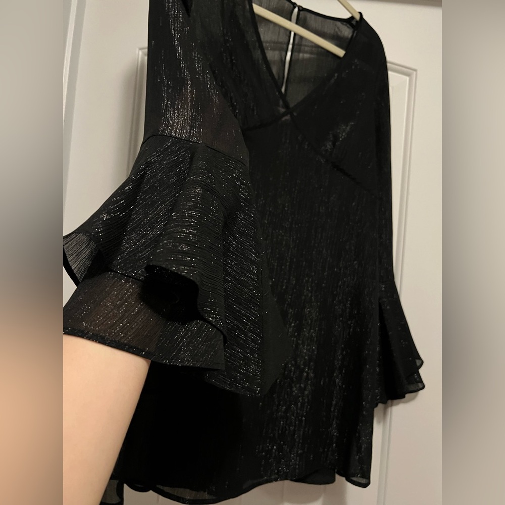 BCBG Generation Black Shimmer Bell Sleeve Top Sheer Metallic Party Dress XS - Picture 4 of 11